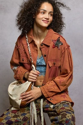 Nueva Camisa Pol Denim Cazadora Top Botones Mujeres Estrellas Boho Anthropologie Pequeña Foto 1 de 4