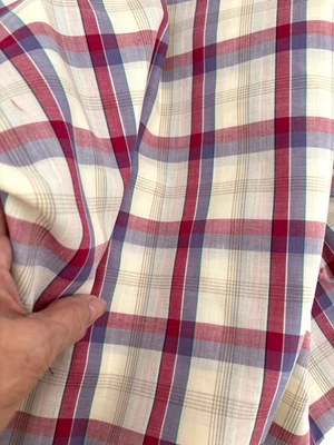 Vtg  3 1/3 Yd 62X118 Beige Cream White Red Blue Purple PLAID Cotton Quilt FABRIC - Image 1 of 4