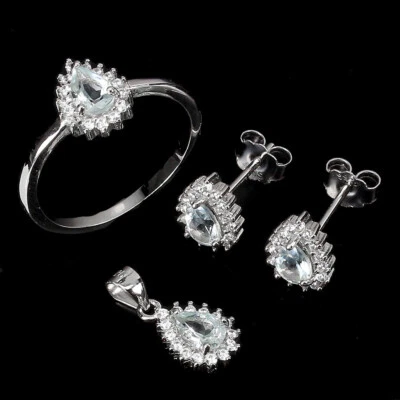 925 Argento Sterling Pera Acquamarina 6x4mm Gemma Pietra Naturale Gioielli Set - Immagine 1 di 4