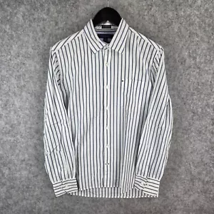 Tommy Hilfiger Shirt Mens Medium White Blue Striped Button Up Long Sleeve 11264 - Picture 1 of 11