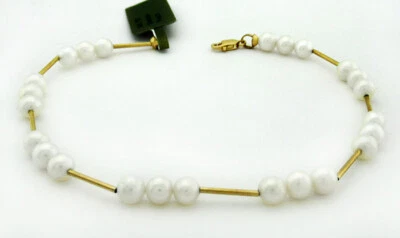GENUINE 5 mm WHITE PEARLS BRACELET 14k GOLD ** NEW WITH TAG ** 7.5" long - Image 1 of 3