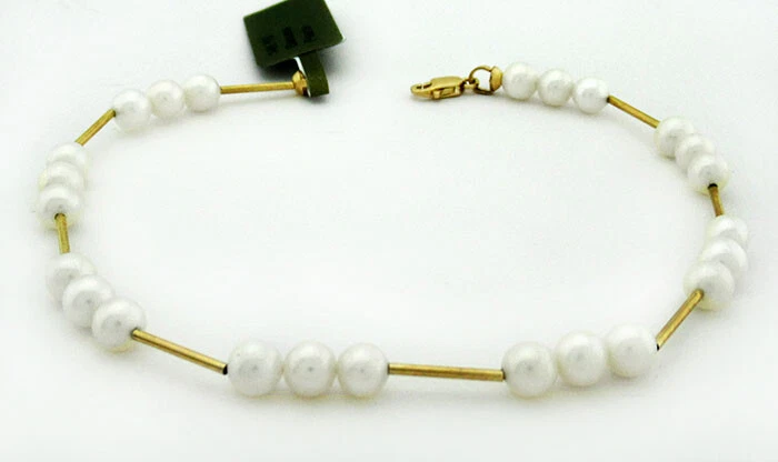 GENUINE 5 mm WHITE PEARLS BRACELET 14k GOLD ** NEW WITH TAG ** 7.5" long - Image 1 of 3