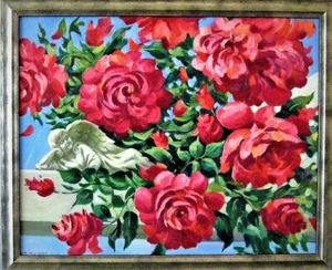 Original Ölgemälde auf Leinwand, E.Ritter, "Engel und Blumen" 2010, Zierrahmen. - Bild 1 von 5