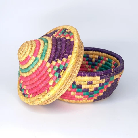 Vintage Lidded Coil Basket Bright Colorful Woven SweetGrass Round Pink Purple Cover