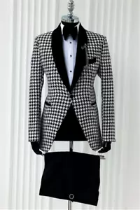 Traje de hombre pata de gallo tweed chal solapa blazer graduación novio esmoquin boda 2 piezas - Imagen 1 de 8