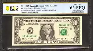 1993 FEDERAL RESERVE NOTE FR.1919H BINARY SERIAL #1001 PCGS GEM 66 PPQ (001B) - Picture 1 of 2