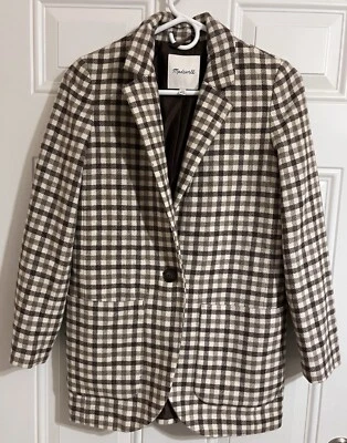Madewell Larsen Blazer Undyed Wool Blend Brown Check Jacket Button Preppy XXS - Image 1 of 4
