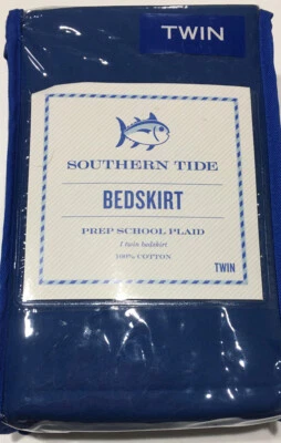 Falda de cama doble a cuadros Southern Tide Prep School azul liso con ribete blanco Foto 1 de 4