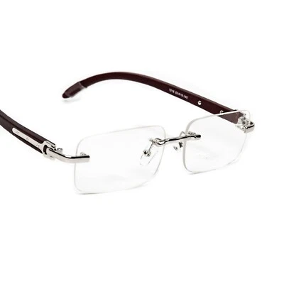 Vintage Men's Clear Tint Rimless Woodgrain Silver Frame Retro Hip Hop Glasses  - Image 1 of 4