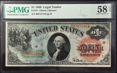 Billete de licitación legal arco iris de $1 de 1869 certificado ¡Elección AU 58 EPQ por PMG! Foto 1 de 4