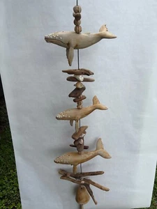 HAZEL OLSEN 1989 POTTERY Humpback Whale SHELLS DRIFTWOOD WIND CHIME - Picture 1 of 24