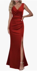 Woosea Red L Vneck Evening Gown Formal Maxi Dress Slit Stretch Sleeveless - Picture 1 of 12