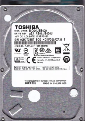 MQ04UBB400 REV. AZA AB01/JS000U HDKFD20AZA31 T SEP/2020 4 TB USB 3.0 2.5 TOSHIBA Foto 1 de 4