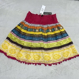 NWT Chaudry KC Skirt Mini S Floral Boho Beach Gypsy Crinkle Colorful Pom Fringe - Picture 1 of 8