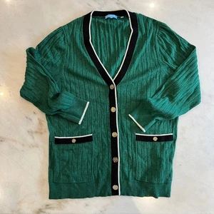 Cárdigan acanalado verde Draper James bolsillos dorados con botones ribete cuello en V para mujer - Imagen 1 de 6