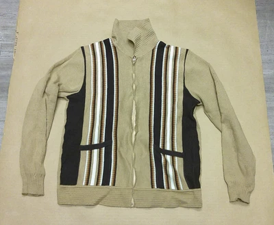 复古 70 年代针织拉链毛衣夹克棕褐色条纹 Mod 复古全拉链男式 S — 第 1/4 张图片