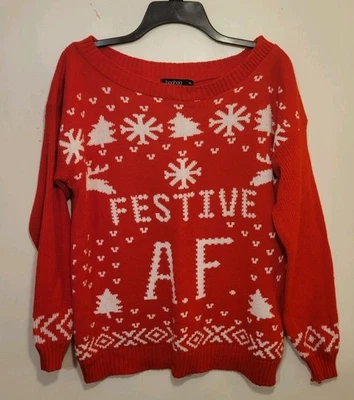 Boohoo Women's Red M/L Ugly Christmas Sweater. Festive AF. Holiday. - Image 1 of 4