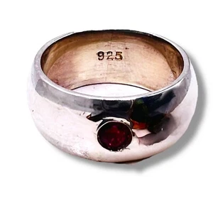 925 Natural Red Ruby Sterling Silver 7.5mm Wide Band Round Pinky Ring Size 4 - Picture 1 of 16