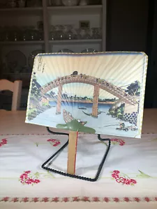 Japanese Block Printed Hand Fan with Mt Fuji and Bridge Crossing Over River - Picture 1 of 12
