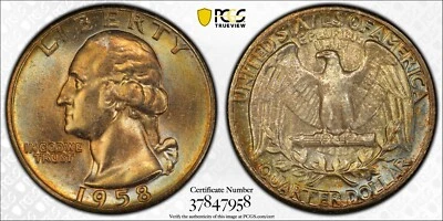 1958 Washington Quarter Certified PCGS MS67+ Sharp CAC Silver - Image 1 of 4