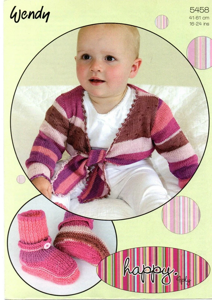 Wendy Knitting Pattern 5458 Baby Front Tie Cardigan & Bootees 4 Ply 16-24" happy - Image 1 of 1