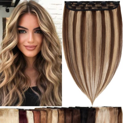 Clip In 100% Remy Human Hair Extensions One Piece 3/4 Full Head Wavy/Straight - Image 1 of 4