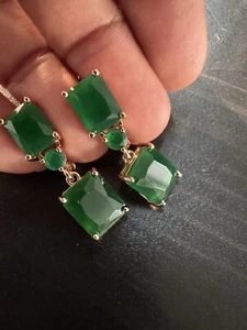 585 14K RG Stamped Green Square Cut Green Gem Dangle Stud Earrings - Picture 1 of 13