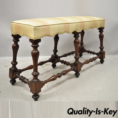 Antique Italian Renaissance Jacobean 6 Turn Carved Walnut Legs Upholstered Bench Cover