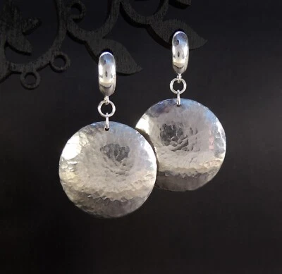 大号纯银锤形圆盘耳环 - 圆形耳环 — 第 1/4 张图片