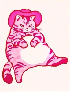 16.5"x12" Anthropomorphic Pink Western Cowboy Fat Cat Canvas Art Print Poster - Picture 1 of 1