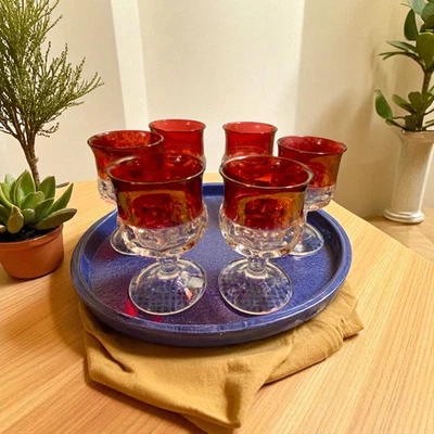 Set of 6 Vintage Indiana Glass King Ruby Red Thumbprint Glass Goblets 4” - Image 1 of 4