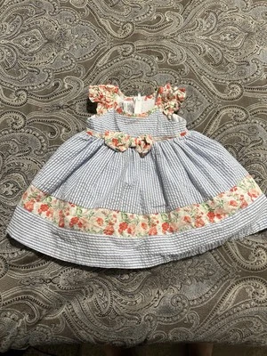 Bonnie Baby 0-3 Month Baby Girl Dress Blue Seersucker And Floral - Image 1 of 4