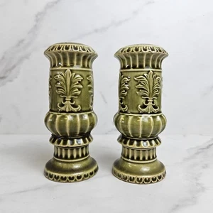 Vintage MCM Japan Pottery Salt And Pepper Shakers Green Column Leaf Motif - Picture 1 of 5