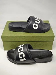 Sandalias negras deslizantes con logotipo de cuero Gucci Reino Unido 13 EE. UU. 13,5 8333G - Imagen 1 de 12