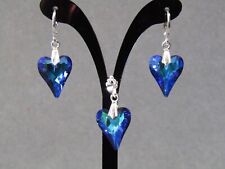 Blue Heart Faceted Crystal Glass Necklace & Huggie Hoop Earrings Silver P Set