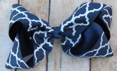 Quatrefoil Hair Bow Pink Green Navy Light Blue 6" - Image 1 of 2