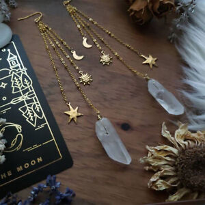 Elestial Sun Moon Star Quartz Brass Earrings Boho Celestial Witchy Jewelry
