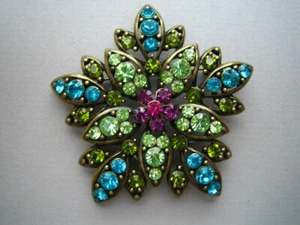 ERICA LYONS BRONZE TONE & GREEN & PINK RHINESTONE PIN or BROOCH - Picture 1 of 4