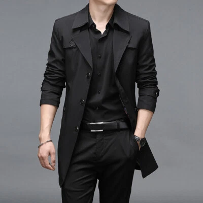 Men Midi Jacket Trench Coat Vintage Casual Overcoat Retro Outwear Business Solid - Image 1 of 4