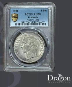 1921 VENEZUELA 5 BOLÍVARES SILVER COIN AU 58 0.900 PCGS 🇻🇪🐉 - Picture 1 of 6