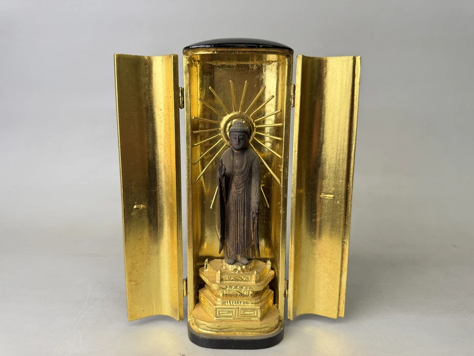 Y9019 STATUE wood carving Amitabha Buddha figurine shrine Japan antique Buddhism - Image 1 of 4