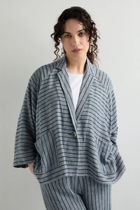 Giacca Boxy Sahara Lino Viscosa Righe Taglia M/L 14 16 18 NUOVA Blu Navy - Foto 1 di 24