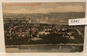 EARLY WHEELING ISLAND WV BIRD’S EYE VIEW MANY BUSINESSES BUILDINGS RARE POSTCARD - Picture 1 of 2