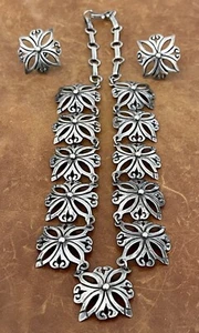 Vintage 1940”s Taxco Mexico J. Flores 925 Panel Link Flower Necklace & Earrings - Picture 1 of 12