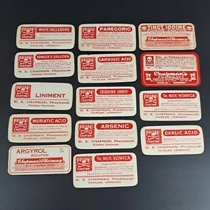 Vtg Original Pharmacy Drug Poison Labels W.E. CHAPMAN, Pharm Fairlee Vermont - Picture 1 of 4