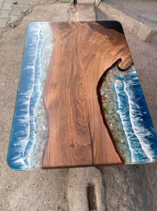 Custom Epoxy Resin & Walnut Ocean Table - Custom Dining Table, Epoxy Coffee Top - Picture 1 of 14