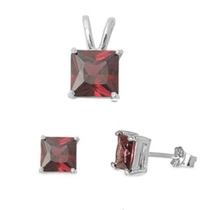 Solitaire Princess Cut Earrings Simulated Red Sterling Silver Pendant Set - Picture 1 of 2