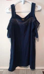 JM Collection Embellished Cold Shoulder Top Navy Women's Size 1X  - Picture 1 of 5