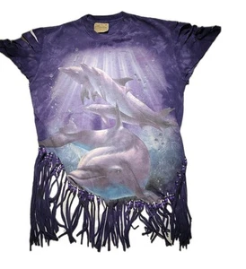 Fringed Dolphin Tshirt  Purple tee shirt, hippie, Med Custom Beads VTG - Picture 1 of 7