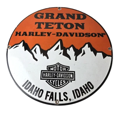 Vintage Harley Davidson Motorcycles Sign - Grand Teton Porcelain Gas Pump Sign - Image 1 of 4